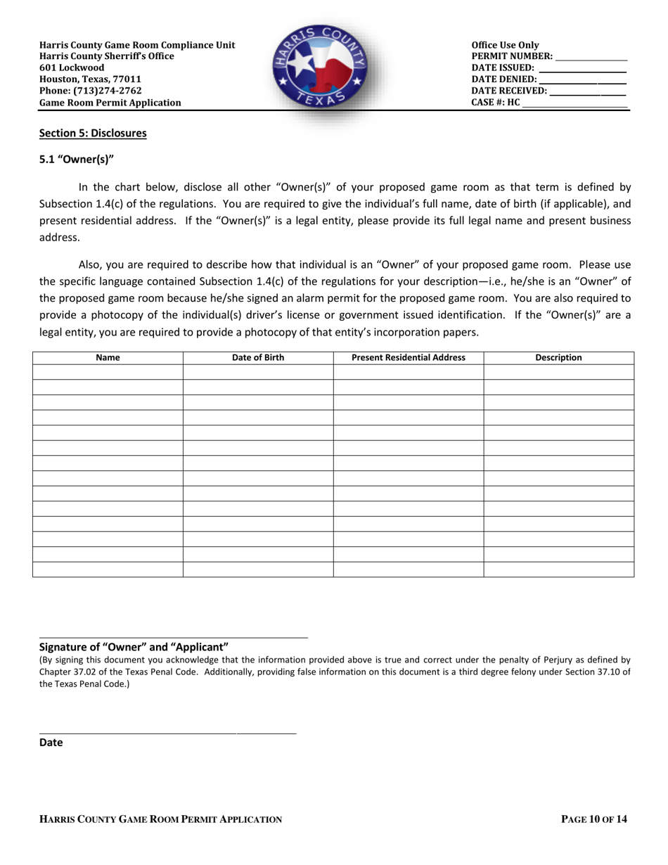 Application for a Permit to Operate a Game Room - Harris County, Texas, Page 10