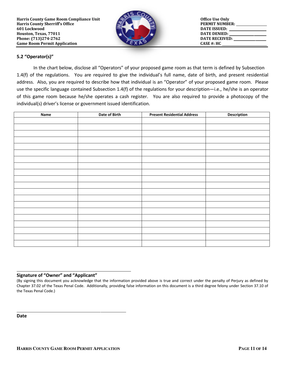 Application for a Permit to Operate a Game Room - Harris County, Texas, Page 11