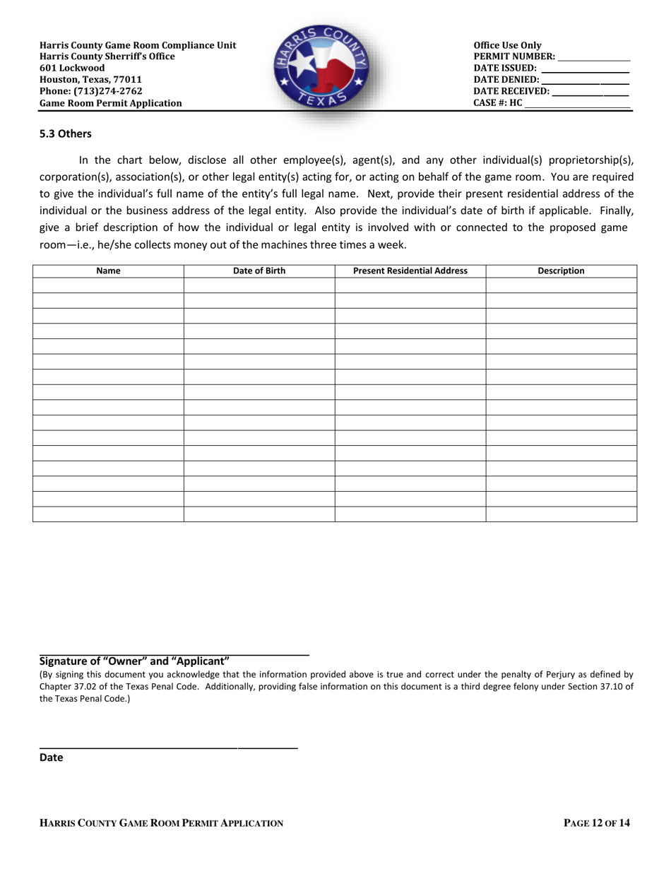 Application for a Permit to Operate a Game Room - Harris County, Texas, Page 12
