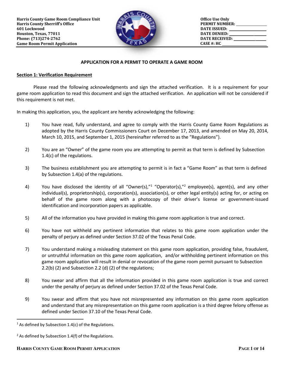 Application for a Permit to Operate a Game Room - Harris County, Texas, Page 1