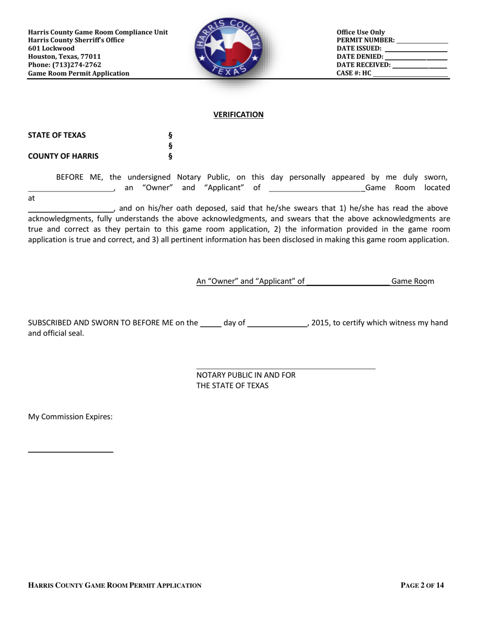 Application for a Permit to Operate a Game Room - Harris County, Texas, Page 2