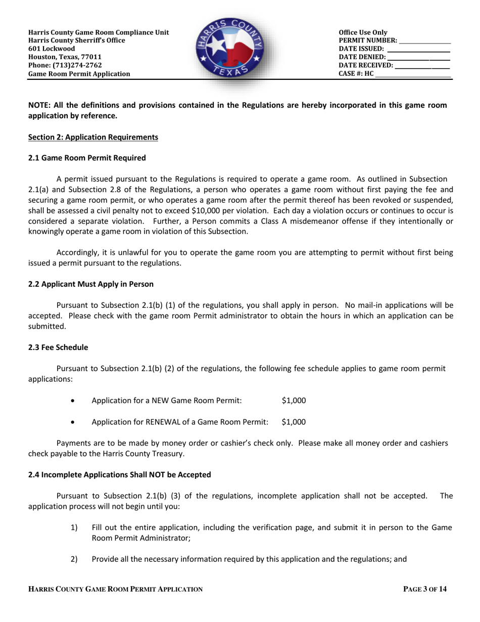 Application for a Permit to Operate a Game Room - Harris County, Texas, Page 3