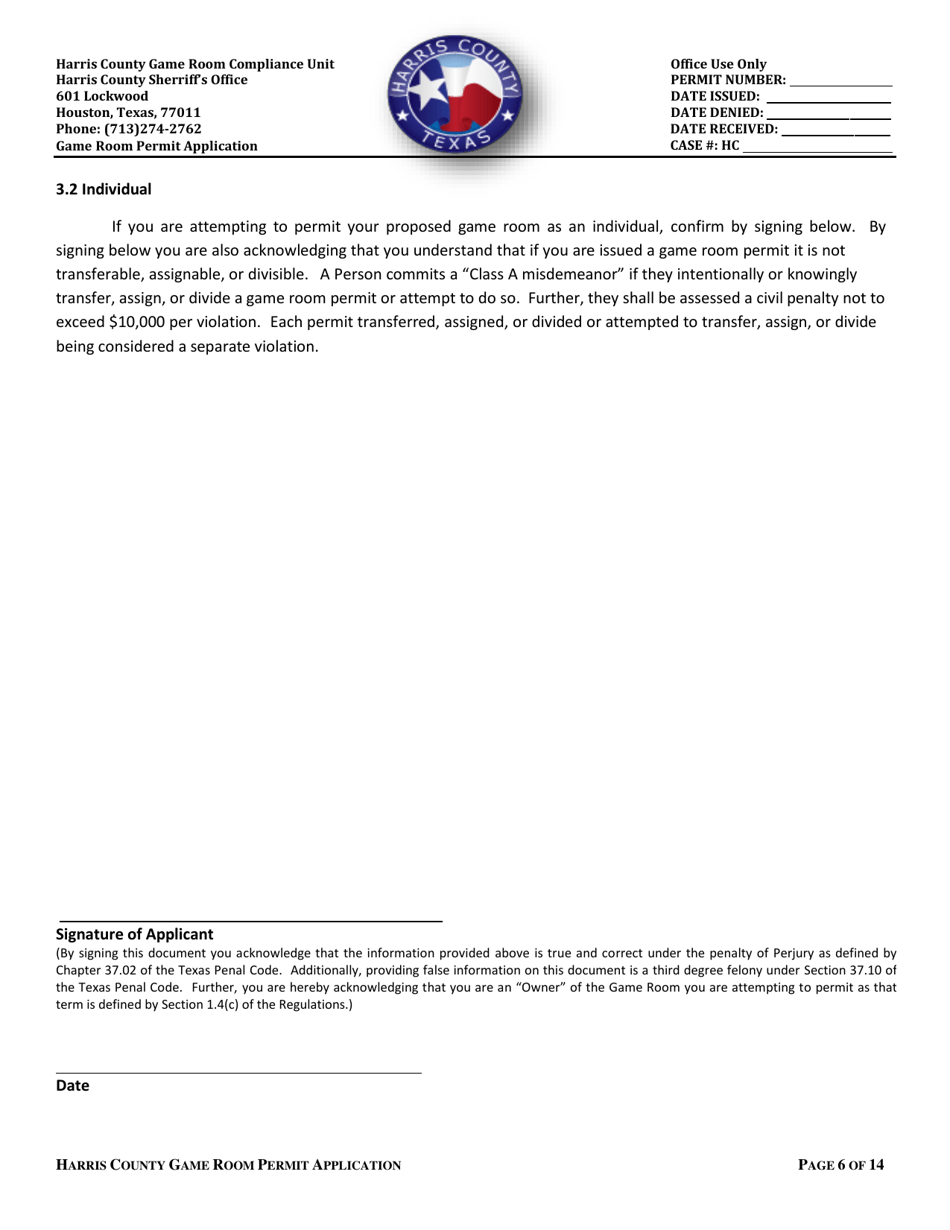 Application for a Permit to Operate a Game Room - Harris County, Texas, Page 6