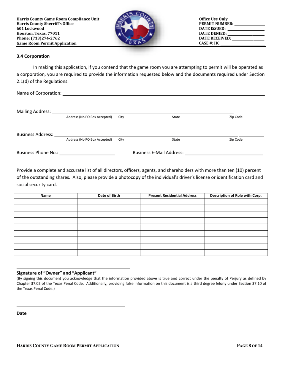 Application for a Permit to Operate a Game Room - Harris County, Texas, Page 8