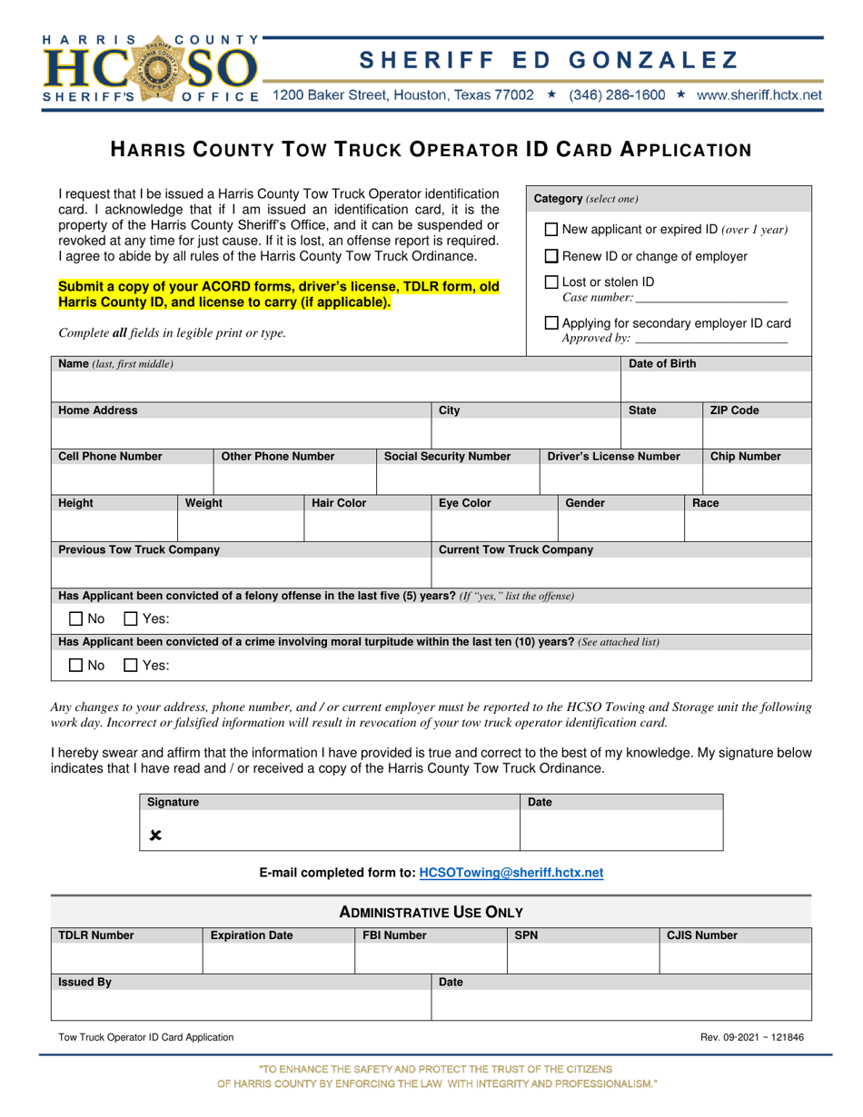 Tow Truck Operator Id Card Application - Harris County, Texas, Page 1