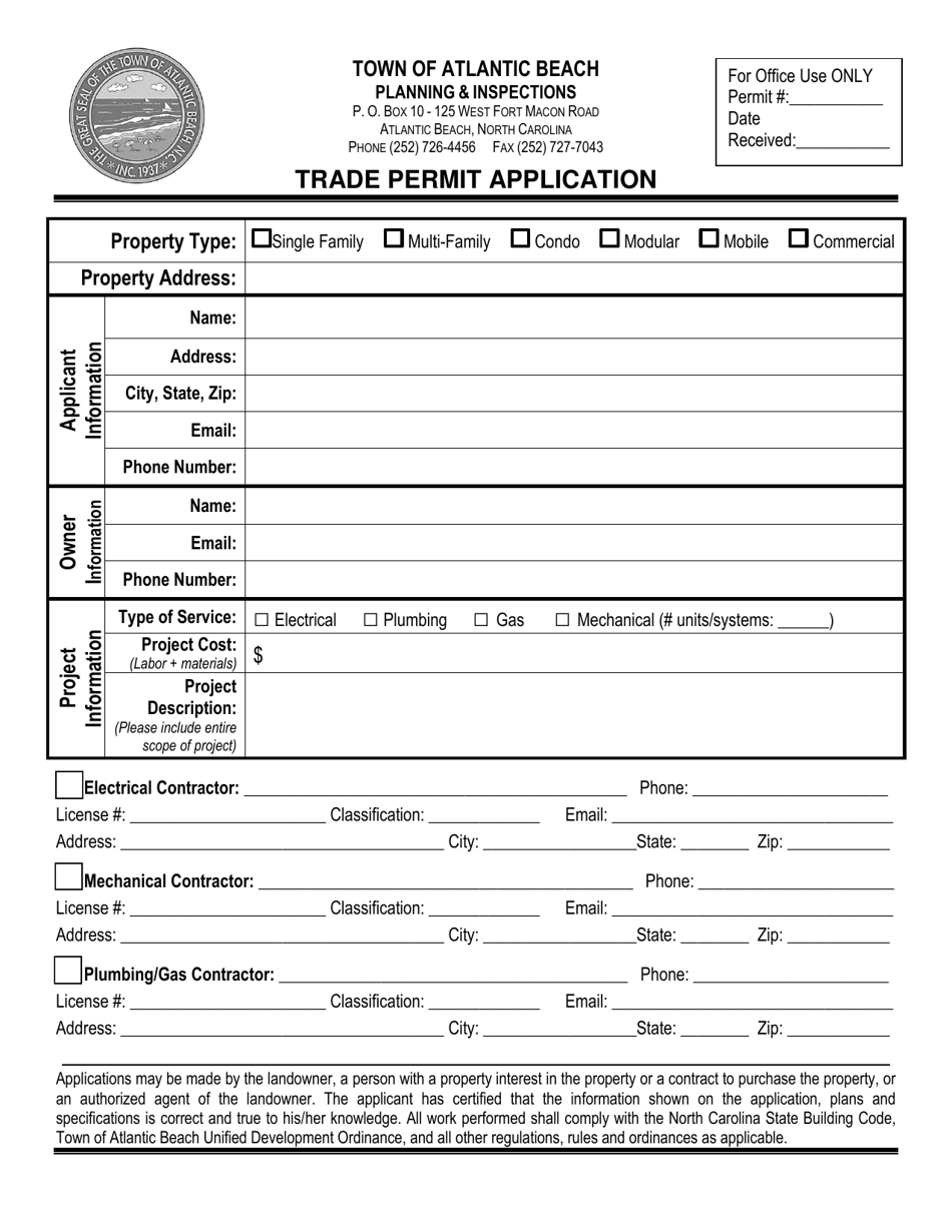 Town of Atlantic Beach, North Carolina Trade Permit Application Fill