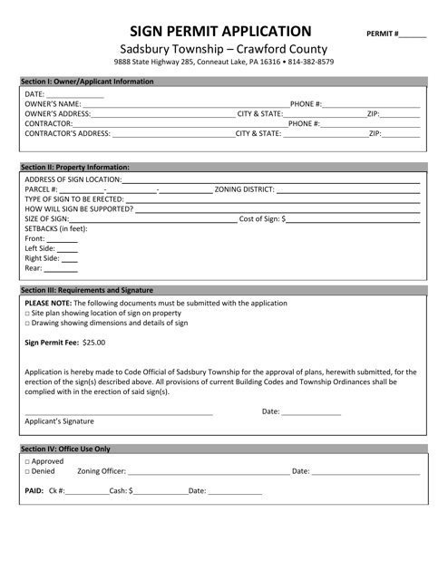 Sign Permit Application - Sadsbury Township, Pennsylvania Download Pdf
