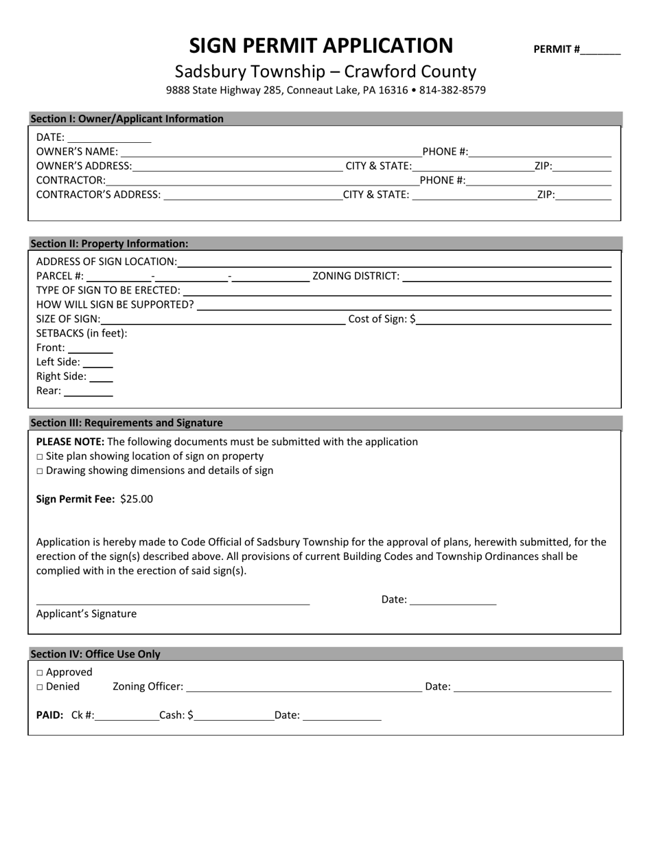 Sadsbury Township, Pennsylvania Sign Permit Application Fill Out