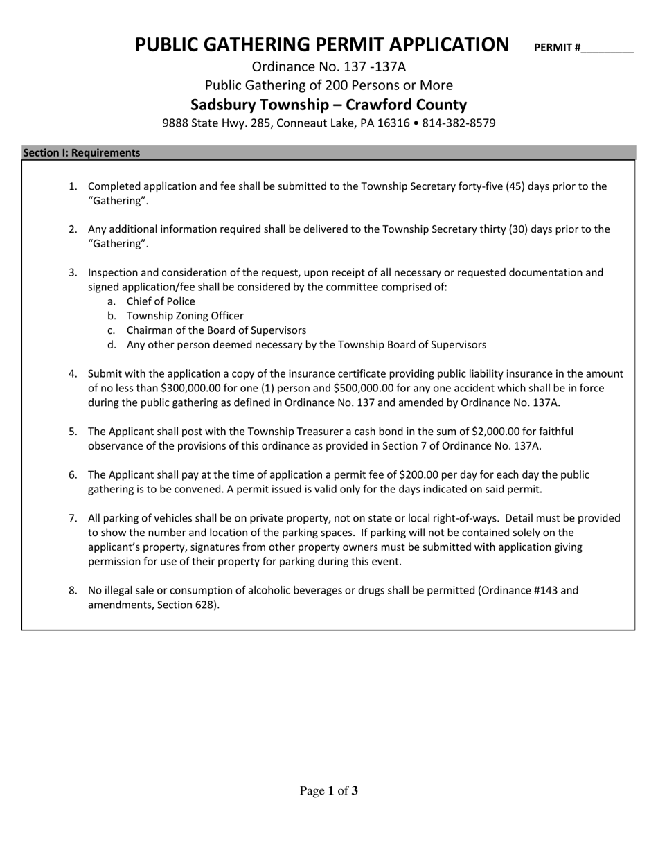 Sadsbury Township, Pennsylvania Public Gathering Permit Application