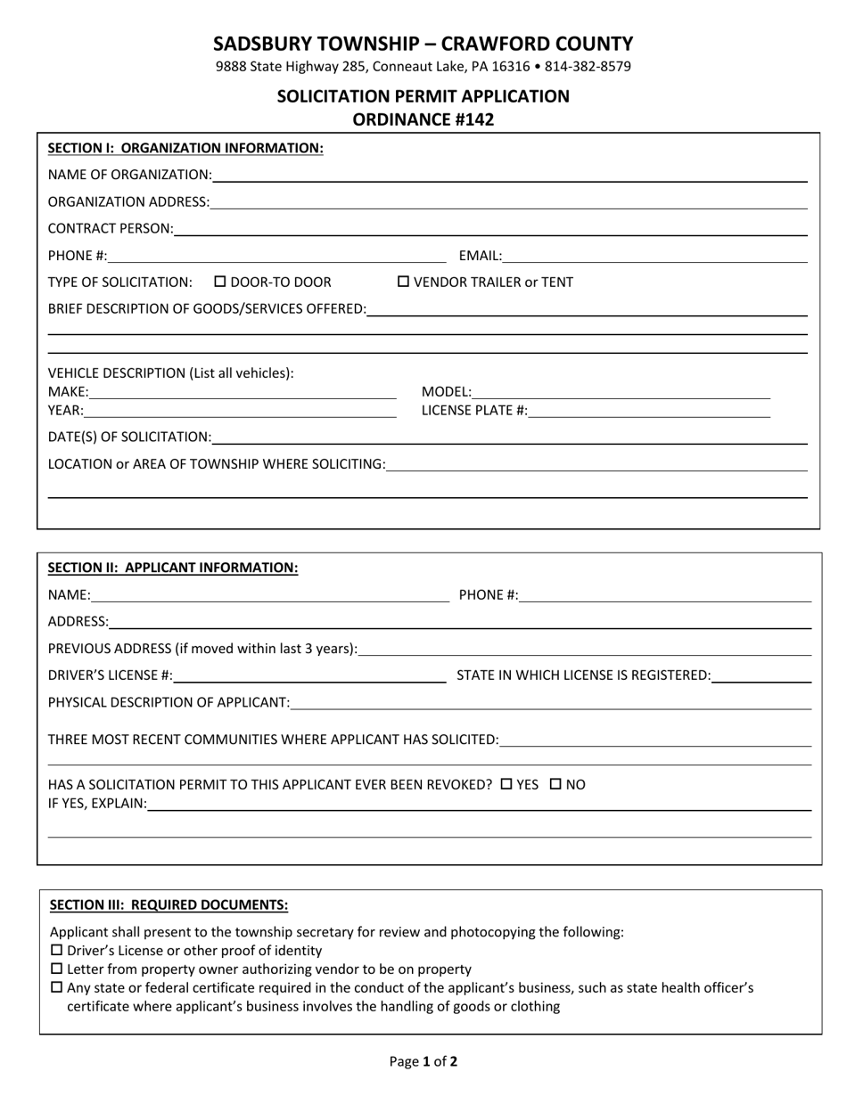 Solicitation Permit Application - Sadsbury Township, Pennsylvania, Page 1