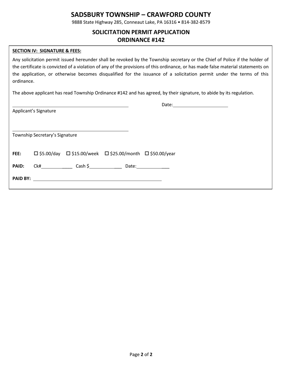 Solicitation Permit Application - Sadsbury Township, Pennsylvania, Page 2