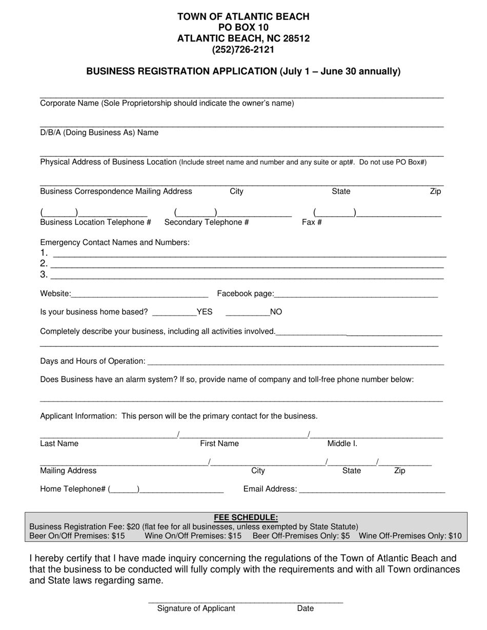 Business Registration Application - Town of Atlantic Beach, North Carolina, Page 1