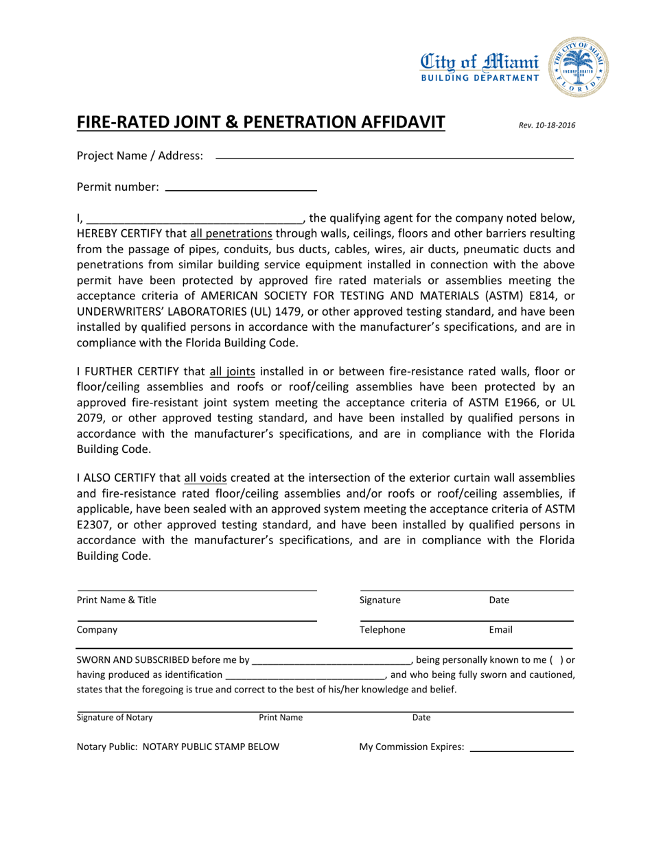 Fire-Rated Joint  Penetration Affidavit - City of Miami, Florida, Page 1
