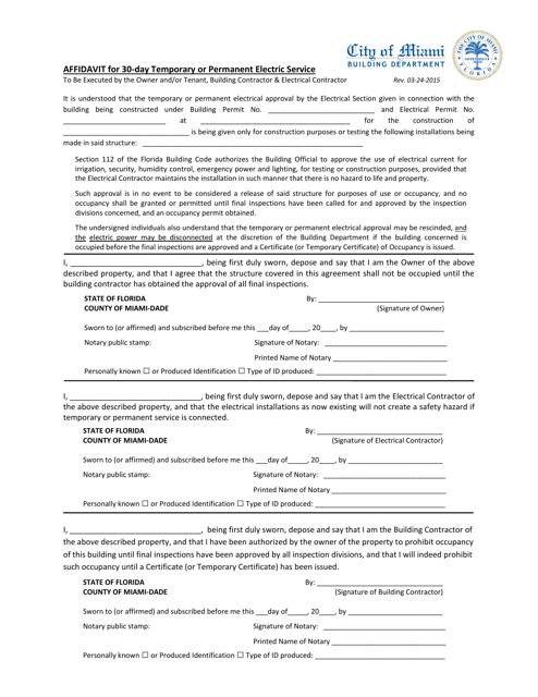 Affidavit for 30-day Temporary or Permanent Electric Service - City of Miami, Florida Download Pdf