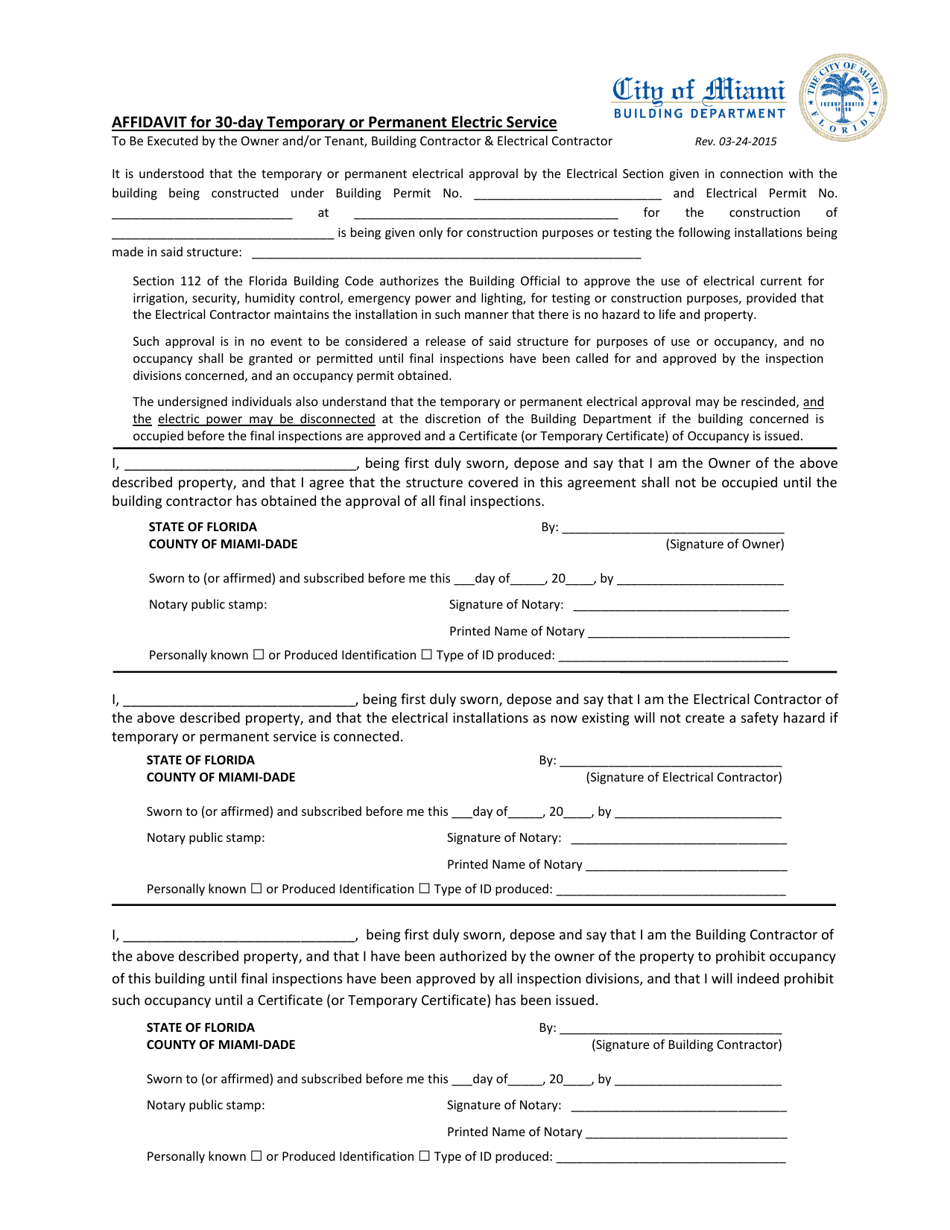 Affidavit for 30-day Temporary or Permanent Electric Service - City of Miami, Florida, Page 1