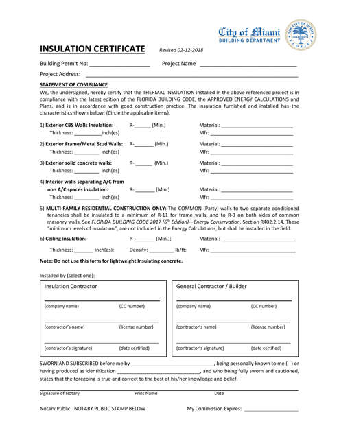 City of Miami Florida Insulation Certificate Fill Out Sign Online