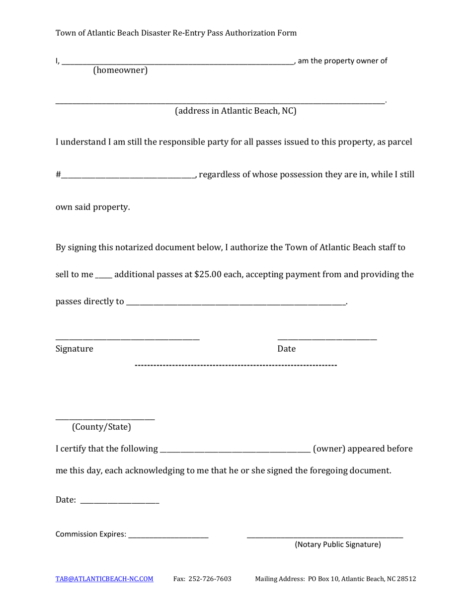 Town of Atlantic Beach, North Carolina Disaster Reentry Pass Authorization Form Fill Out