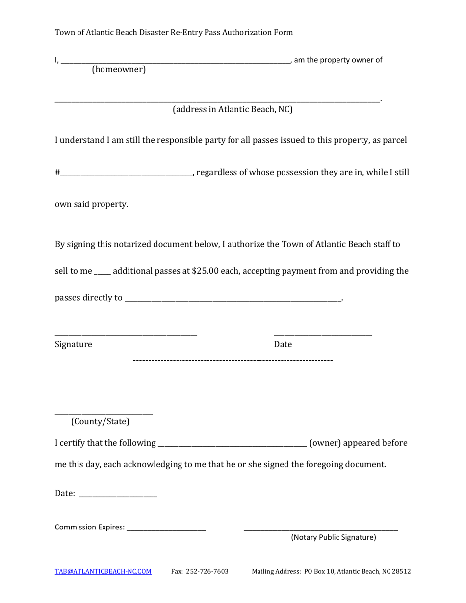 Disaster Re-entry Pass Authorization Form - Town of Atlantic Beach, North Carolina, Page 1