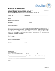 Document preview: Affidavit of Compliance - Roof Decking Attachment and Secondary Water Barrier/Hurricane Mitigation Retrofit for Existing Site-Built Single Family Residential Structures - City of Miami, Florida