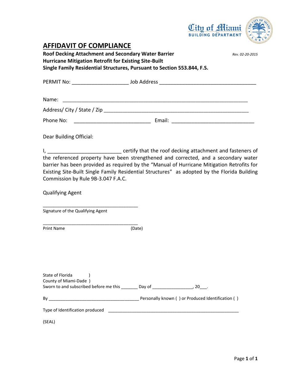 Affidavit of Compliance - Roof Decking Attachment and Secondary Water Barrier / Hurricane Mitigation Retrofit for Existing Site-Built Single Family Residential Structures - City of Miami, Florida, Page 1
