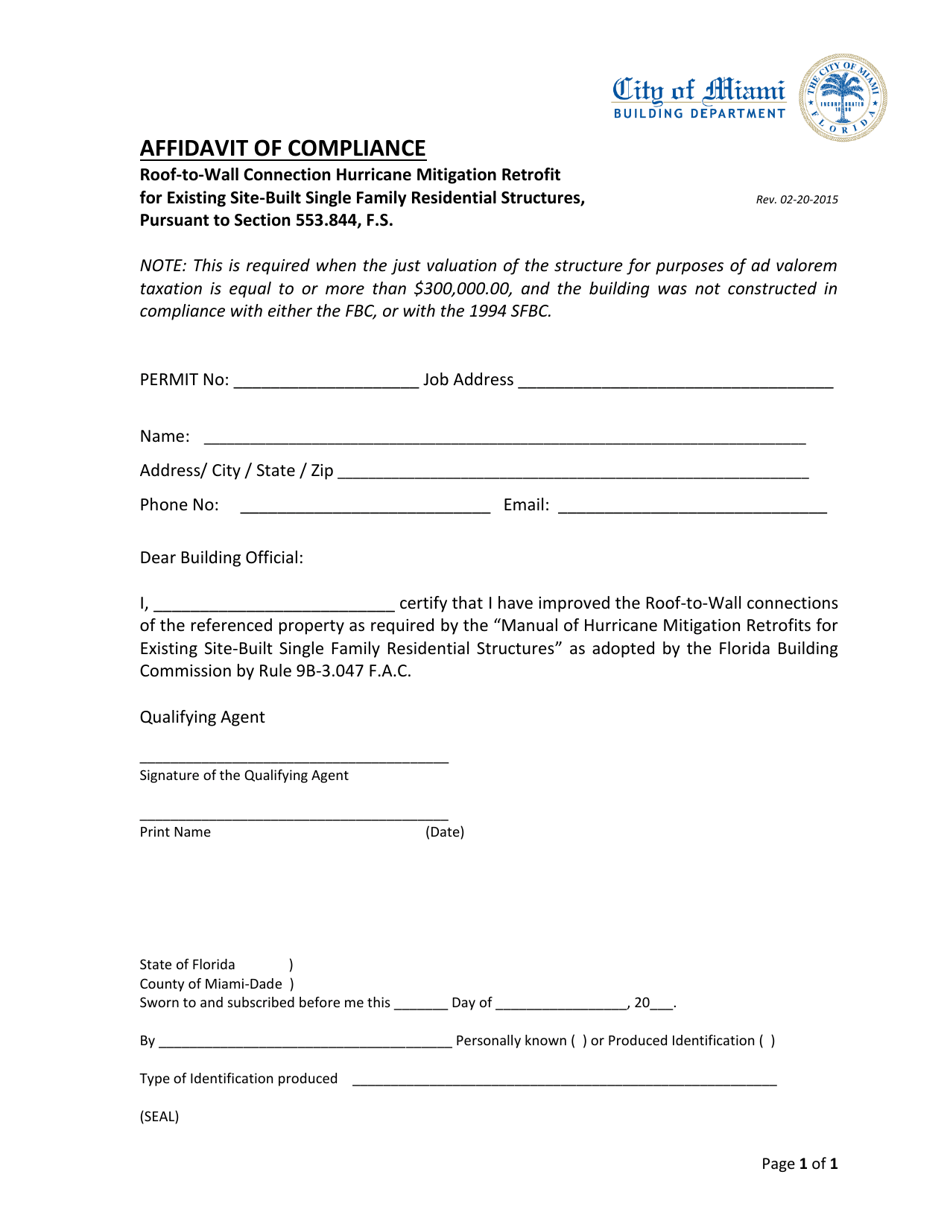 Affidavit of Compliance - Roof-To-Wall Connection Hurricane Mitigation Retrofit for Existing Site-Built Single Family Residential Structures - City of Miami, Florida, Page 1