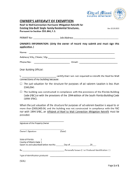 Document preview: Owner's Affidavit of Exemption - Roof to Wall Connection Hurricane Mitigation Retrofit for Existing Site-Built Single Family Residential Structures - City of Miami, Florida