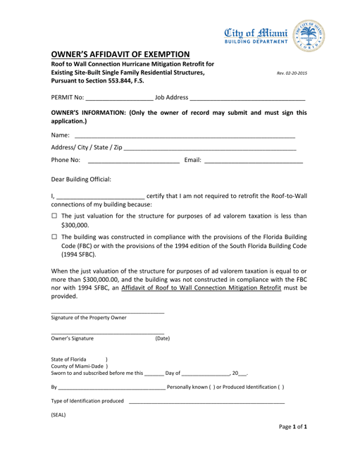 Owner's Affidavit of Exemption - Roof to Wall Connection Hurricane Mitigation Retrofit for Existing Site-Built Single Family Residential Structures - City of Miami, Florida Download Pdf
