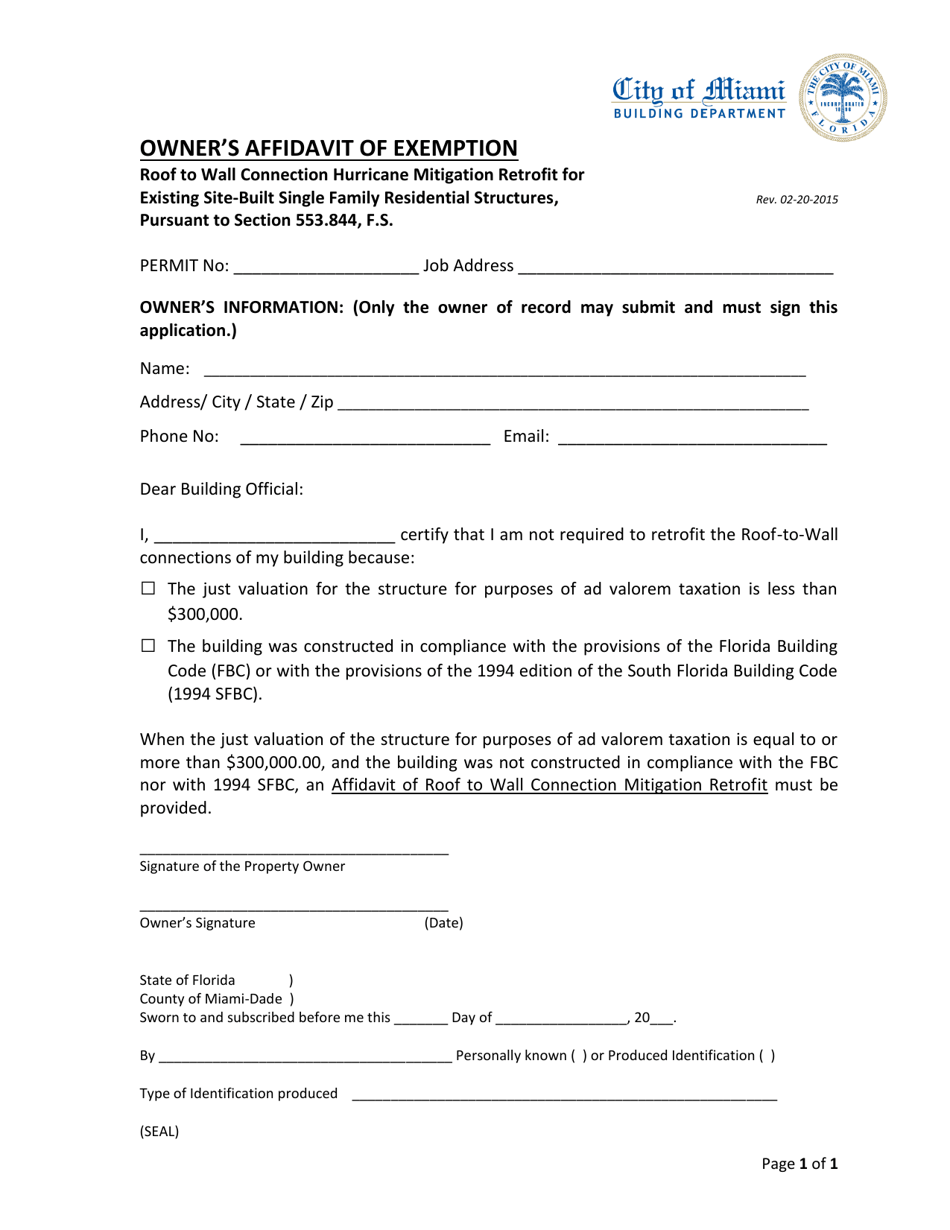 Owners Affidavit of Exemption - Roof to Wall Connection Hurricane Mitigation Retrofit for Existing Site-Built Single Family Residential Structures - City of Miami, Florida, Page 1