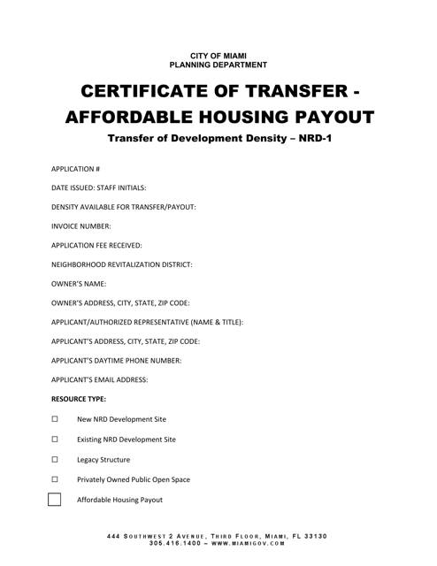 Certificate of Transfer - Affordable Housing Payout - City of Miami, Florida Download Pdf
