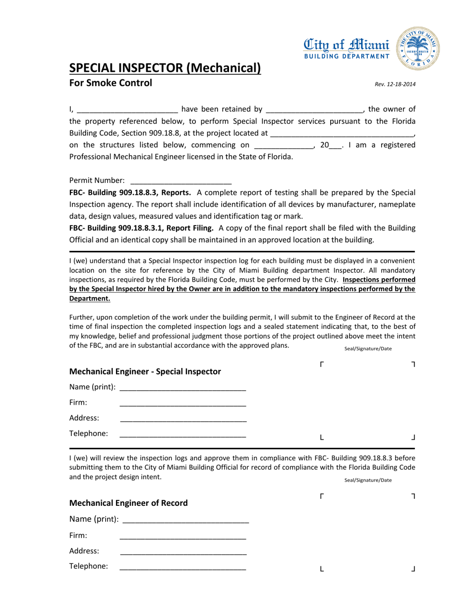 Special Inspector (Mechanical) for Smoke Control Form - City of Miami, Florida, Page 1
