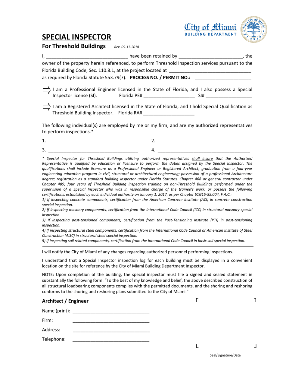 Special Inspector for Threshold Buildings - City of Miami, Florida, Page 1