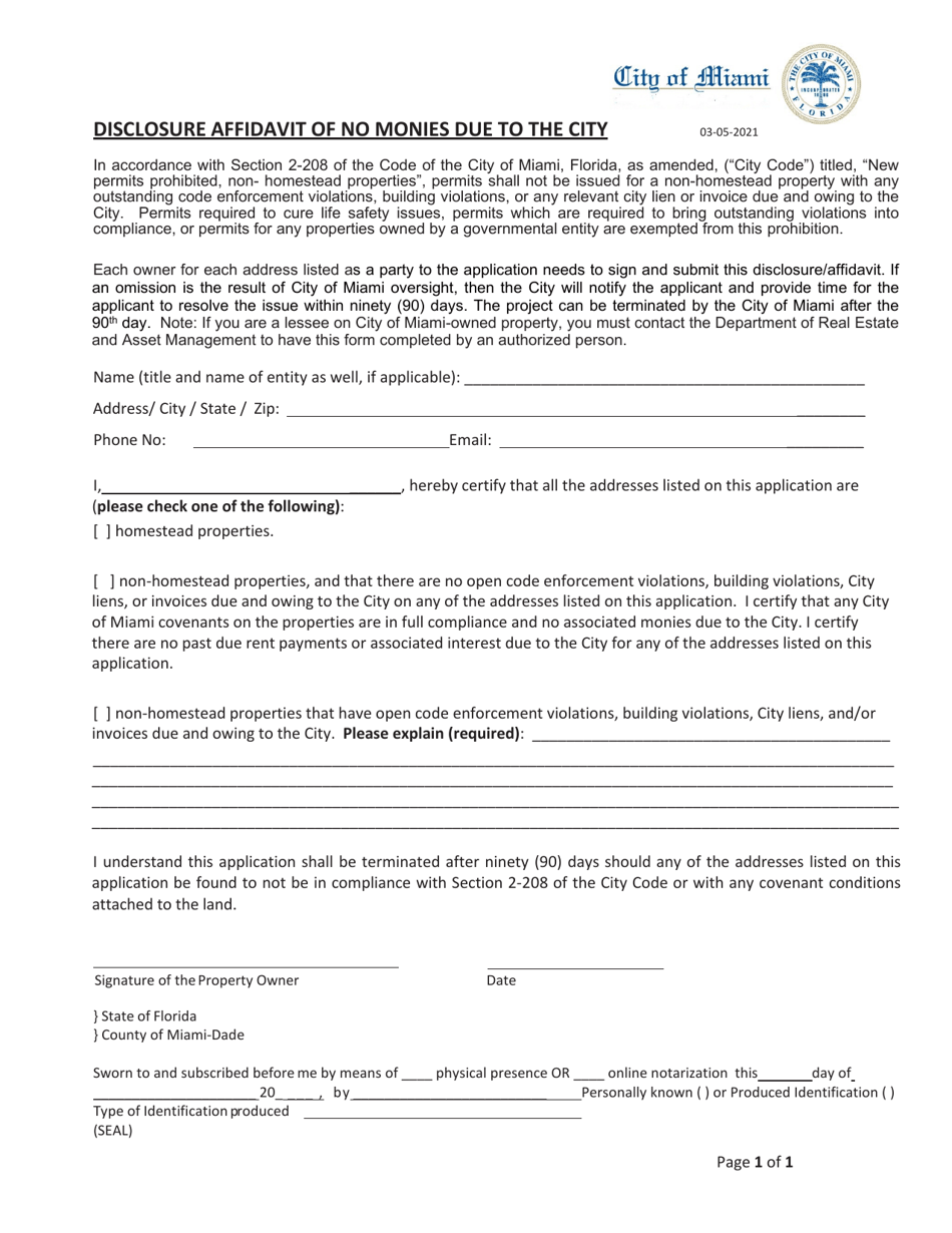 Disclosure Affidavit of No Monies Due to the City - City of Miami, Florida, Page 1