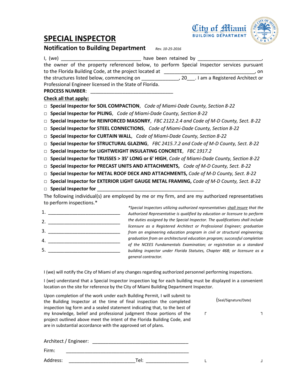 Special Inspector Notification to Building Department - City of Miami, Florida, Page 1