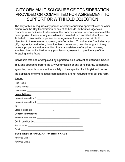 Disclosure of Consideration Provided or Committed for Agreement to Support or Withhold Objection - City of Miami, Florida Download Pdf