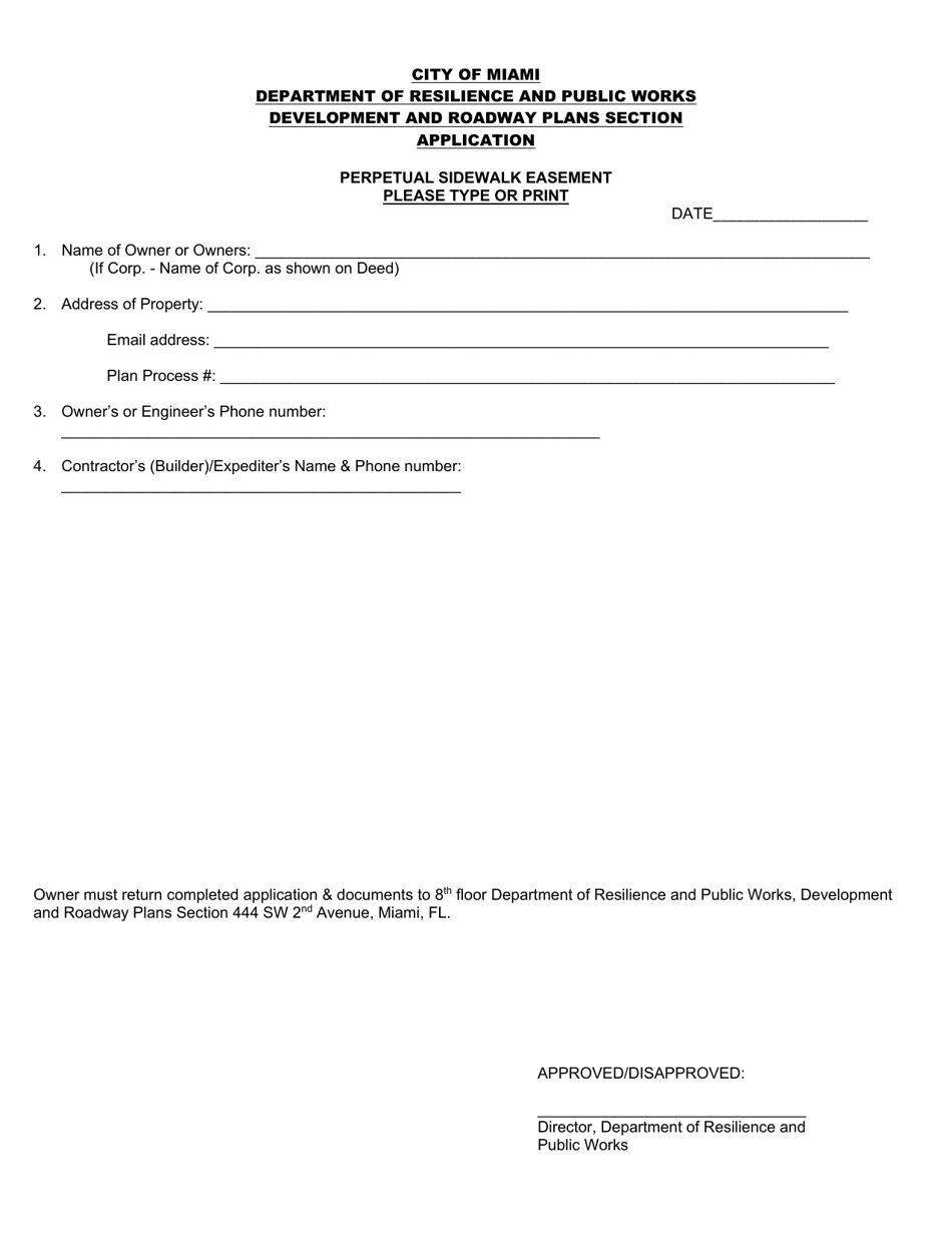 Covenant: Perpetual Sidewalk Easement Application - City of Miami, Florida, Page 1