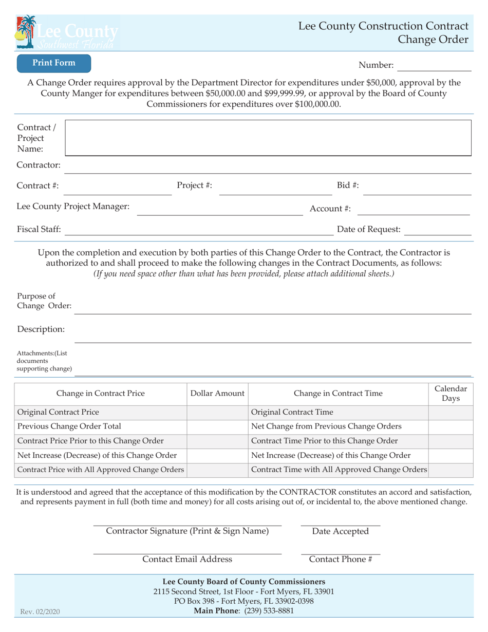 Lee County, Florida Construction Contract Change Order Fill Out, Sign