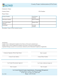 Document preview: County Project Authorization (CPA) Form - Lee County, Florida