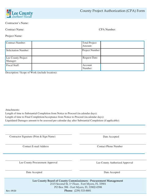 County Project Authorization (CPA) Form - Lee County, Florida Download Pdf