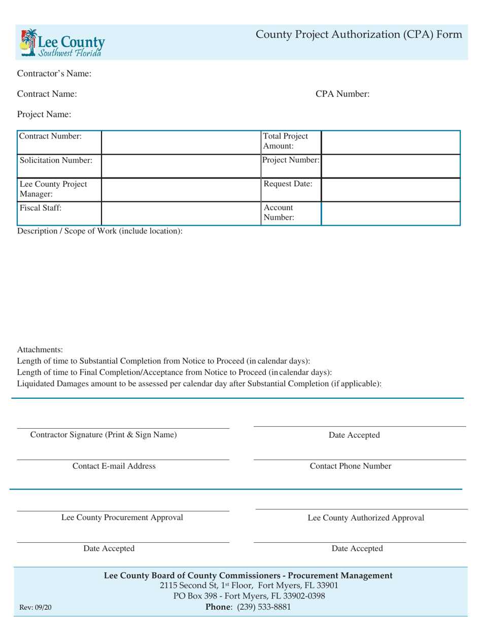 County Project Authorization (CPA) Form - Lee County, Florida, Page 1