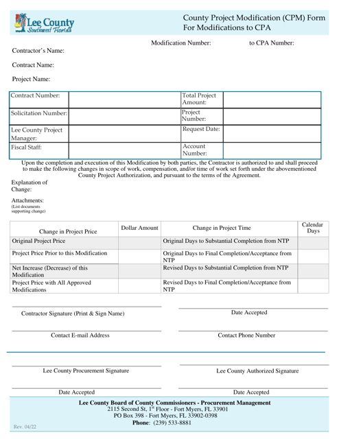 County Project Modification (Cpm) Form for Modifications to Cpa - Lee County, Florida