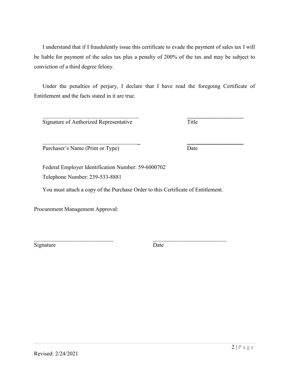 Certificate of Entitlement - Lee County, Florida, Page 2