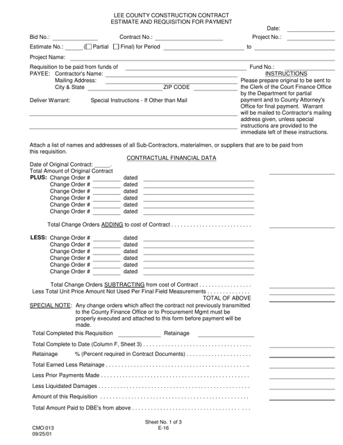 Form CMO:013 Estimate and Requisition for Payment - Lee County, Florida