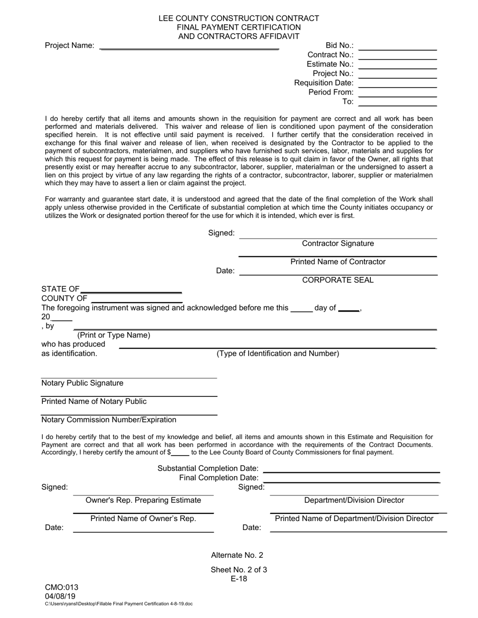 Form CMO:013 Final Payment Certification and Contractors Affidavit - Lee County, Florida, Page 1