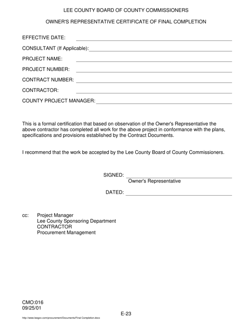 Form CMO:016 Owner's Representative Certificate of Final Completion - Lee County, Florida