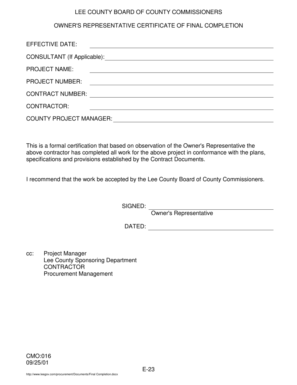 Form CMO:016 Owners Representative Certificate of Final Completion - Lee County, Florida, Page 1