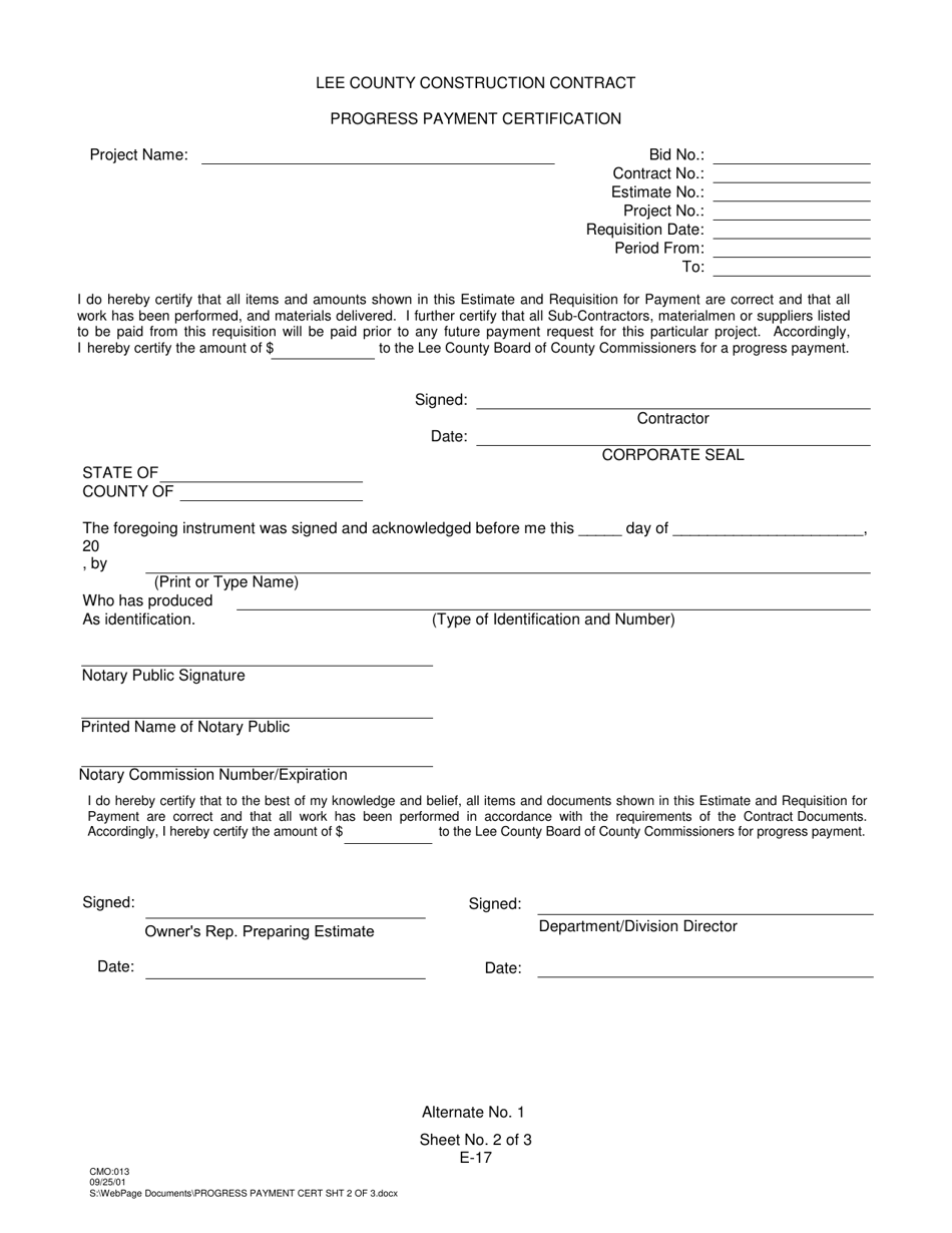 Form CMO:013 Page 2 Progress Payment Certification - Lee County, Florida, Page 1
