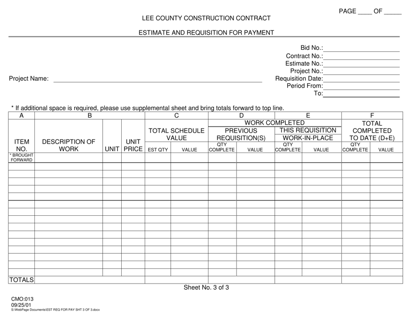 Form CMO:013 Page 3 Estimate and Requisition for Payment - Lee County, Florida