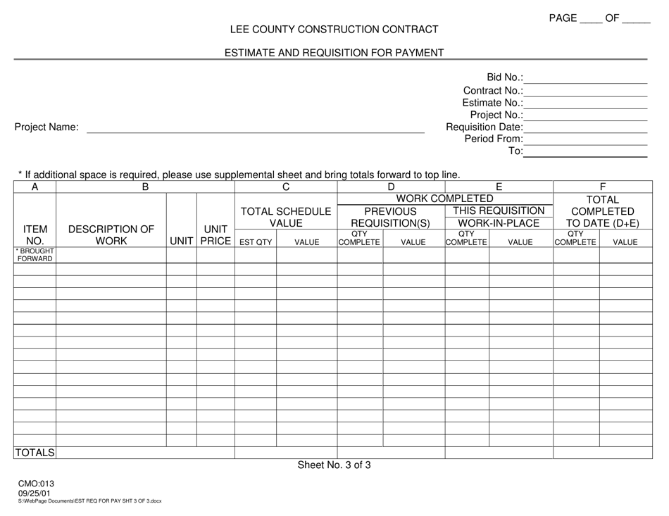 Form CMO:013 Page 3 Estimate and Requisition for Payment - Lee County, Florida, Page 1