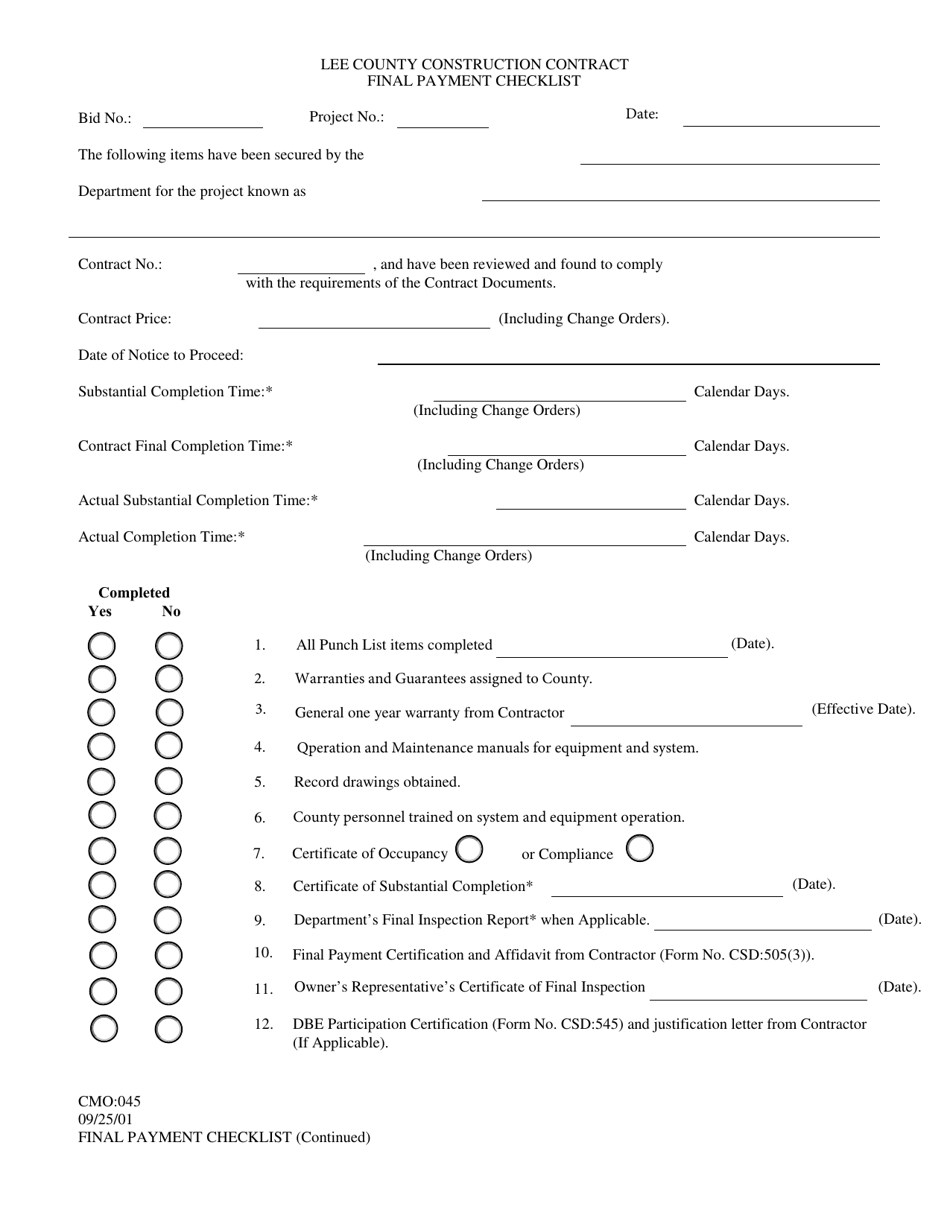 Form CMO:045 Final Payment Checklist - Lee County, Florida, Page 1