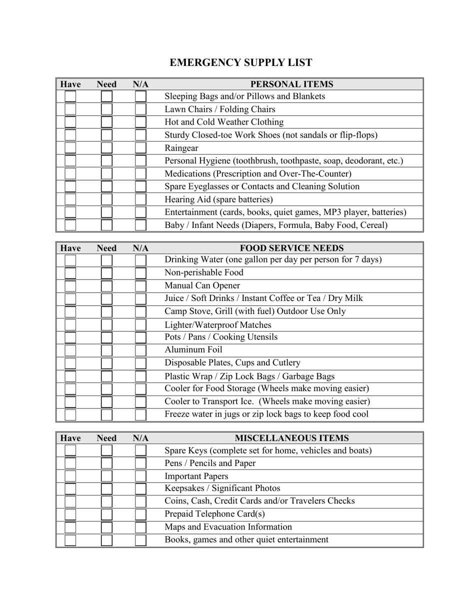 Emergency Supply List - Lee County, Florida, Page 1